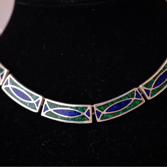 Vintage .925 Sterling Silver Choker Inlay necklace Lazuli Lapis & Malachite 90s - Picture 12 of 16